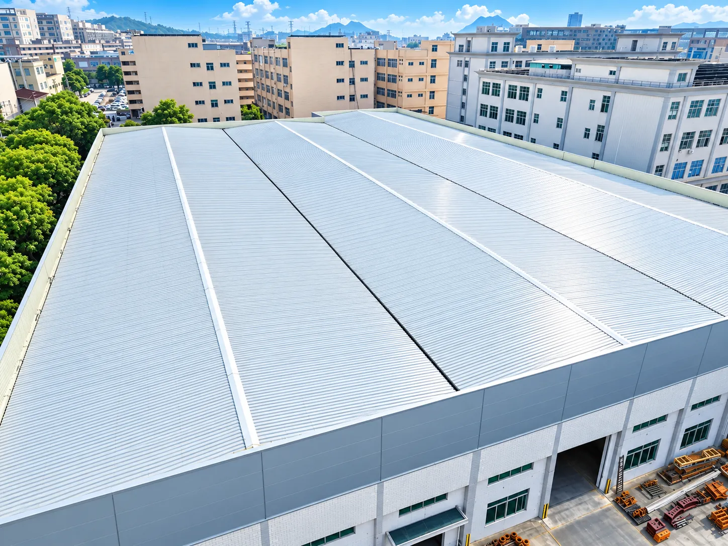 Aerial view of MINGXU Precision Machinery's manufacturing facility in Dongguan, China, showing factory buildings and industrial production areas.